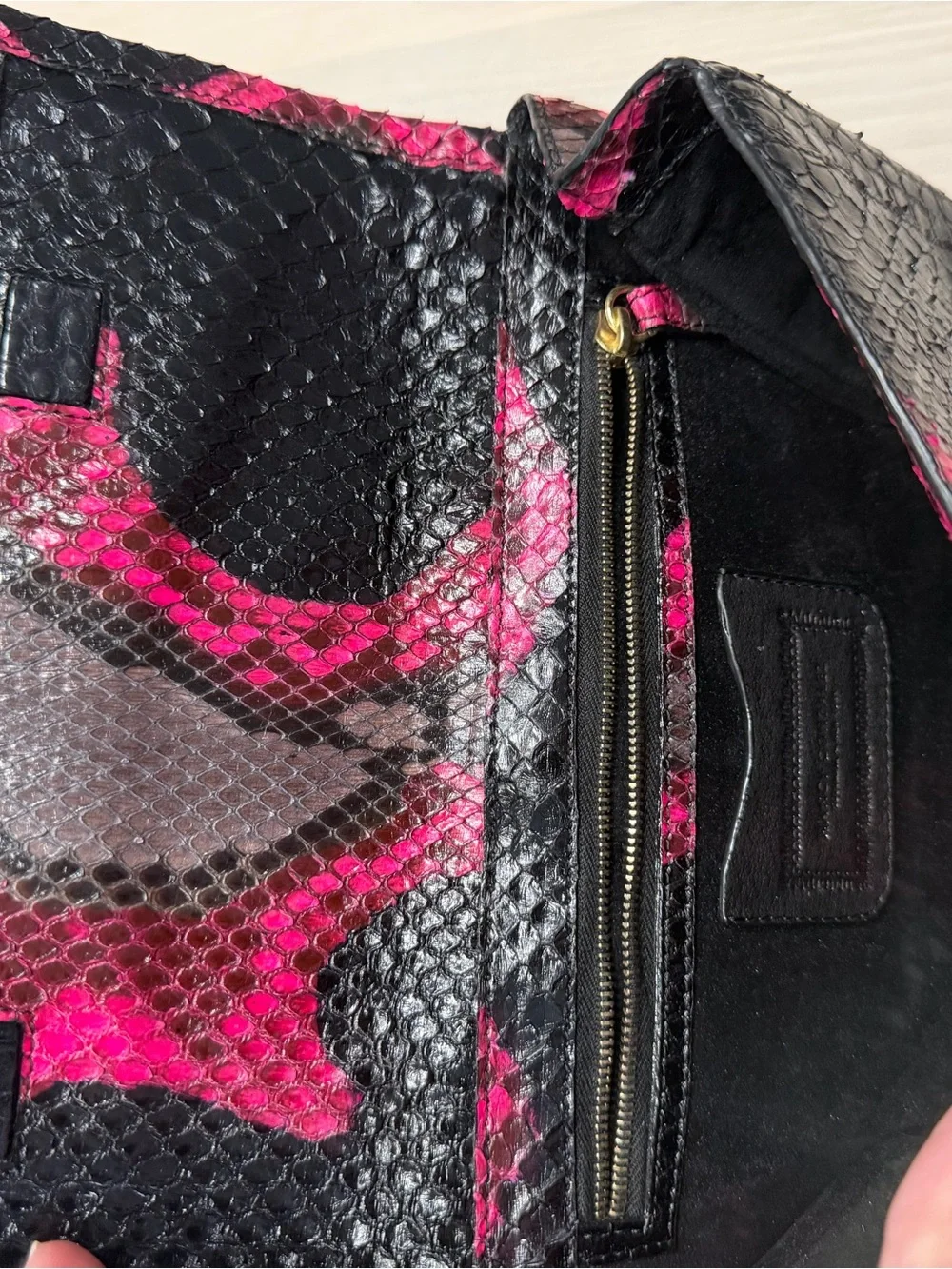 Nancy Gonzalez Black Clutch with Pink Python Accents
